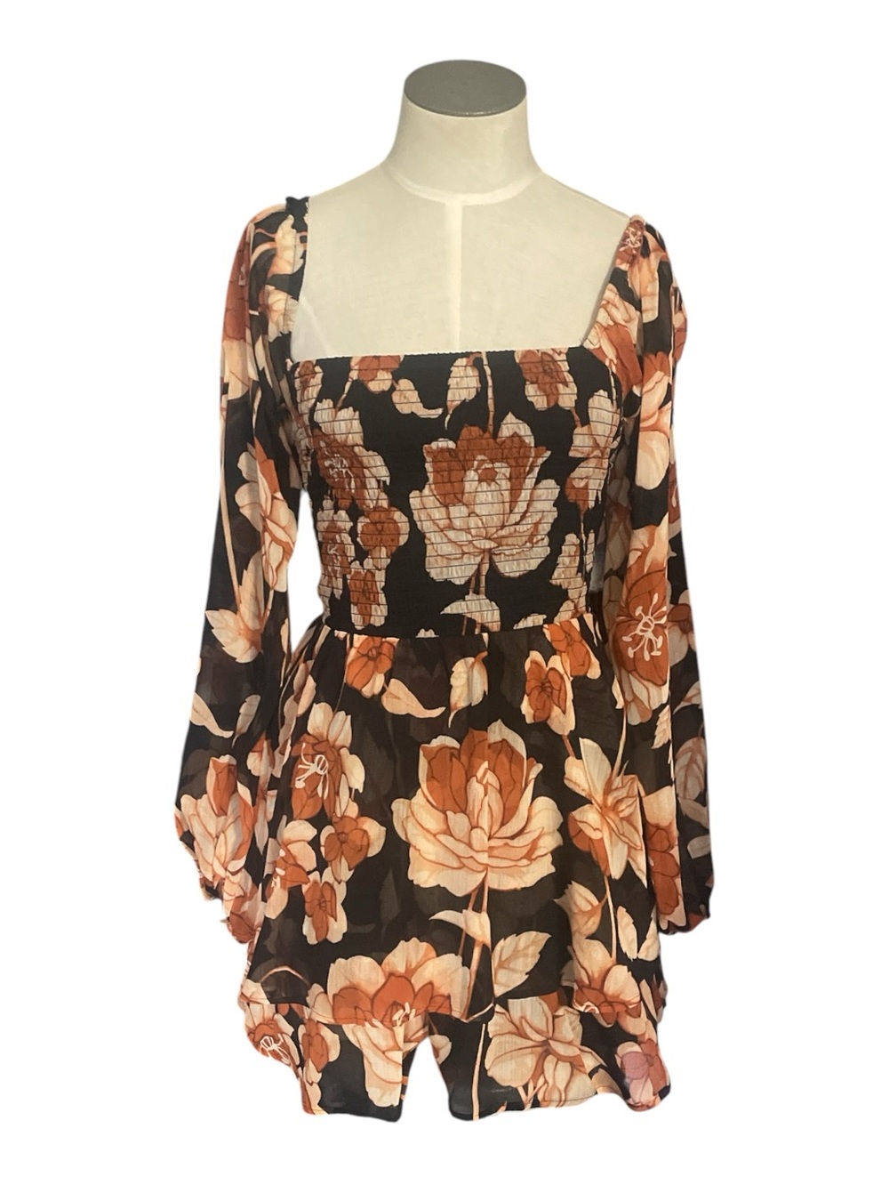 Express Black Floral Square-Neck Mini Dress with Rust and Cream Flowers